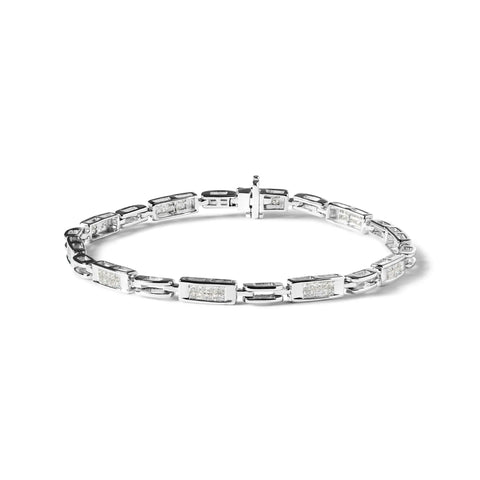 14K White Gold 1.0 Cttw Invisible Set Princess Cut Diamond Alternating Station and Link Tennis Bracelet (I-J Color, I1-I2 Clarity) - Size 7.25