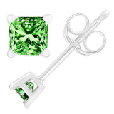 .925 Sterling Silver 1/5 Cttw Princess-Cut Square Green Diamond Stud Earrings (Fancy Color-Enhanced, I2-I3 Clarity)