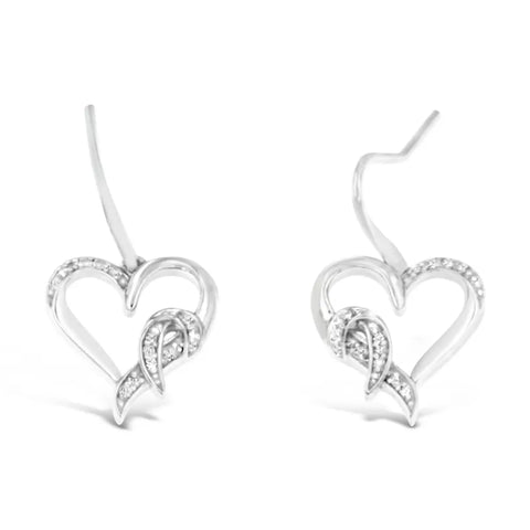 Sterling Silver Round Cut Diamond Heart Dangle Earrings (0.09 cttw, H-I Color, I1-I2 Clarity)