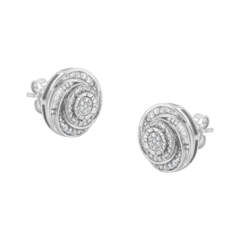 .925 Sterling Silver 1/4 Cttw Baguette and Round Diamond Swirl Love Knot Stud Earrings (I-J Color, I3 Clarity)