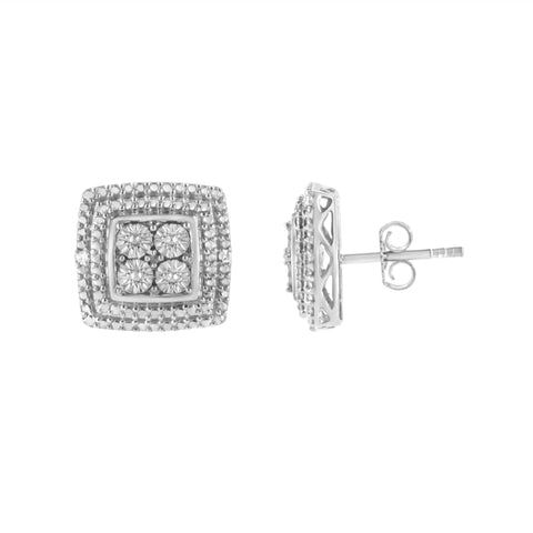 .925 Sterling Silver Diamond Accented Square Shaped Milgrain Stud Earrings (I-J Clarity, I3 Color)