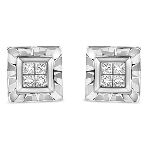 .925 Sterling Silver 1/6 Cttw Invisible Set Princess-Cut Diamond Quad Composite Stud Earrings (H-I Color, I1-I2 Clarity)