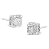 .925 Sterling Silver 1/6 Cttw Invisible Set Princess-Cut Diamond Quad Composite Stud Earrings (H-I Color, I1-I2 Clarity)