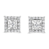 .925 Sterling Silver 1/4 Cttw Princess and Round Cut Diamond Halo Stud Earrings (I-J Color, I2-I3 Clarity)