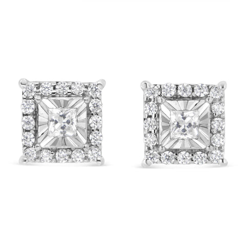 .925 Sterling Silver 1/4 Cttw Princess and Round Cut Diamond Halo Stud Earrings (I-J Color, I2-I3 Clarity)