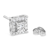 .925 Sterling Silver 1/4 Cttw Princess and Round Cut Diamond Halo Stud Earrings (I-J Color, I2-I3 Clarity)