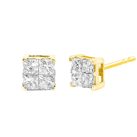 10K Yellow Gold Plated .925 Sterling Silver 1.0 Cttw Princess-Cut Diamond Composite Multi Stone Stud Earrings (J-K Color, SI2-I1 Clarity)