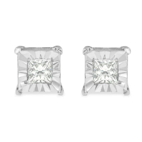 .925 Sterling Silver 1/4 Cttw Princess-Cut Square Near Colorless Diamond Solitaire Miracle-Plate Stud Earrings (H-I Color, I2-I3 Clarity)