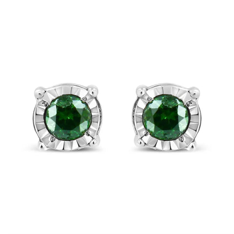 Sterling Silver Rose Cut Treated Green Diamond Solitaire Stud Earrings (0.25 cttw, Green Color, I2-I3 Clarity)