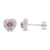 .925 Sterling Silver, Created Pink Sapphire, & Diamond-Accented 5/8" Heart-Shaped Rope Stud Earrings (I-J Color, I2-I3 Clarity)