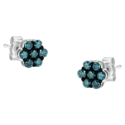 Sterling Silver Treated Blue Diamond Floral Stud Earrings (0.5 cttw, Blue Color, I2-I3 Clarity)