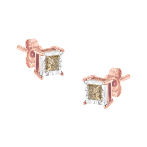 14K Rose Gold Plated Two-Tone .925 Sterling Silver 1/2 Cttw Princess-Cut Square Diamond Solitaire Miracle-Plate Stud Earrings (K-L Color, I2-I3 Clarity)