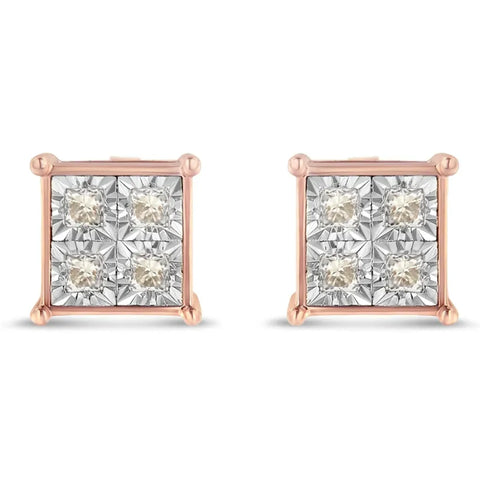 Rose Plated Sterling silver Princess Diamond Quad Stud Earrings (0.5 cttw, J-K Color, I1-I2 Clarity)