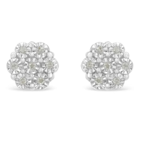 .925 Sterling Silver 1/10 Cttw Round-Cut Diamond Miracle-Set Floral Cluster Button Stud Earrings (I-J Color, I2-I3 Clarity)