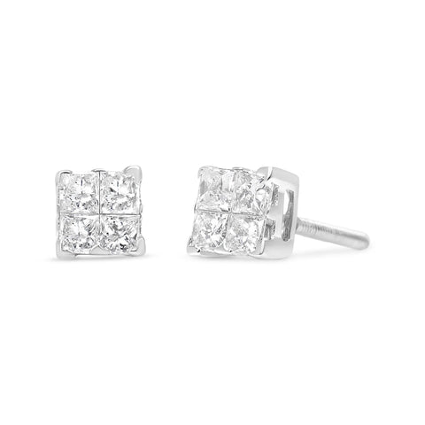 .925 Sterling Silver 5/8 Cttw Princess Cut Diamond Invisible Set Quad Composite Stud Earrings (I-J Color, I2-I3 Clarity)