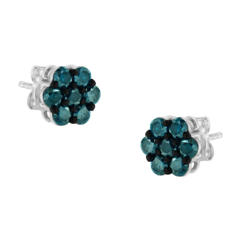 Sterling Silver Treated Blue Diamond Floral Stud Earrings (1 cttw, Blue Color, I2-I3 Clarity)