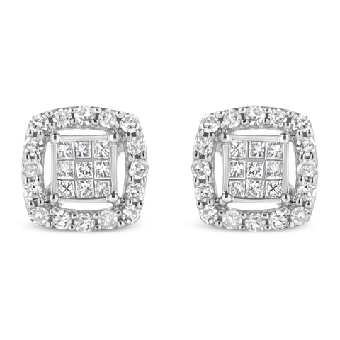 .925 Sterling Silver 1/2 Cttw Round and Princess-Cut Diamond Stud Earrings (I-J Color, I1-I2 Clarity)