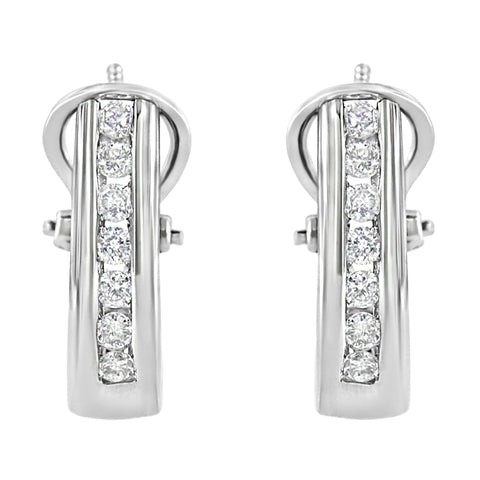 .925 Sterling Silver 1/2 cttw Channel-Set Round-Cut Diamond Omega Back Huggy Hoop Earrings (I-J Color, I1-I2 Clarity)