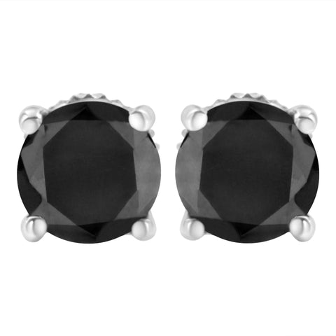 .925 Sterling Silver Round Brilliant-Cut Black Diamond Classic 4-Prong Stud Earrings with Screw Backs (Fancy Color-Enhanced, I2-I3 Clarity)