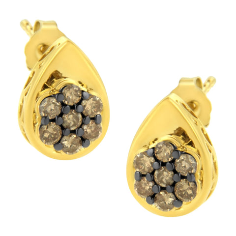 10K Yellow Gold Plated .925 Sterling Silver 1/2 Cttw Prong Set Round-Cut Diamond Floral Cluster Stud Earring (Champagne Color, I1-I2 Clarity)