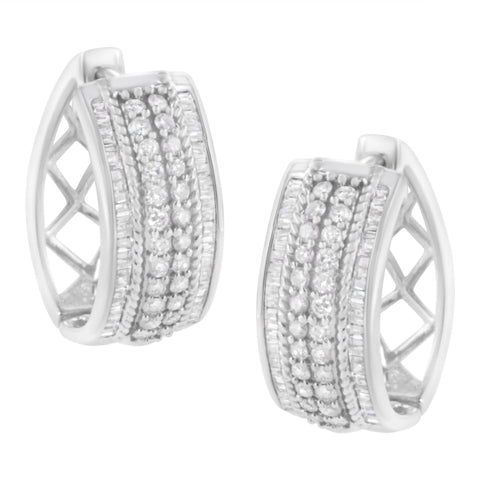 .925 Sterling Silver 1.0 Cttw Round and Baguette-Cut Diamond Hoop Earring (H-I Color, I2-I3 Clarity)