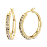 14K Yellow Gold Plated .925 Sterling Silver 1.0 Cttw Channel Set Champagne Diamond Hoop Earrings with Snap Post (K-L Color, I1-I2 Clarity)