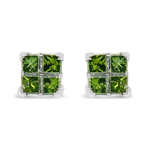 .925 Sterling Silver Treated Green Princess-cut Diamond 4 Stone Composite Quad Stud Earring (Green Color, I1-I2 Clarity)