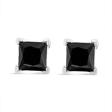 .925 Sterling Silver Princess-Cut Square Black Diamond Classic 4-Prong Stud Earrings with Screw Backs (Fancy Color-Enhanced, I2-I3 Clarity)