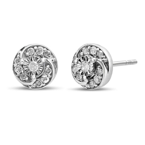 .925 Sterling Silver 1/4 Cttw Round Diamond Spiral Halo Cluster Stud Earrings (I-J Color, I2-I3 Clarity)