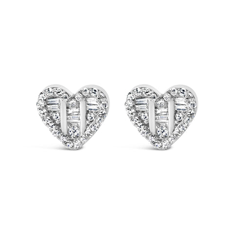 .925 Sterling Silver 1/2 Cttw Round and Baguette Diamond Composite Heart Shaped Stud Earring (I-J Color, SI2-I1 Clarity)