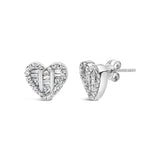 .925 Sterling Silver 1/2 Cttw Round and Baguette Diamond Composite Heart Shaped Stud Earring (I-J Color, SI2-I1 Clarity)