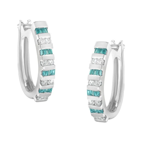 10k White Gold Round and Blue Baguette Diamond Hoop Earrings (0.50 cttw, I-J Color, I2-I3 Clarity)