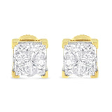 10K Yellow Gold 3/4 Cttw Invisible Set Princess-Cut Diamond Composite Square Stud Earrings (I-J Color, I2-I3 Clarity)