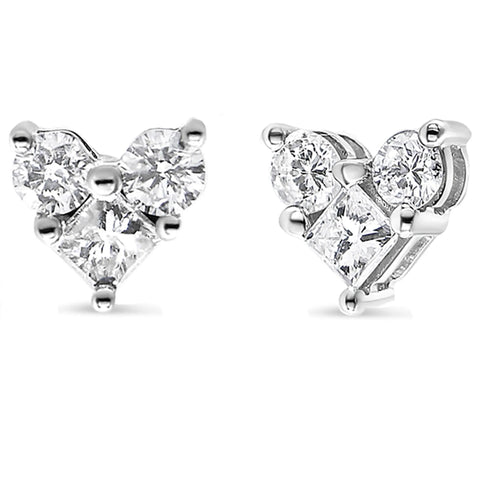 10K White Gold Diamond 3 Stone Trio Heart Stud Earring (I-J Color, I1-I2 Clarity)