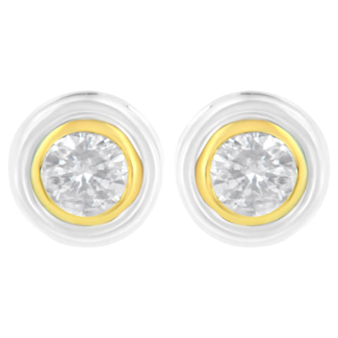 10K Yellow & White Two-Tone Gold 1/5 Cttw Round Brilliant-Cut Near Colorless Diamond Bezel-Set Stud Earrings with Screw Backs (J-K Color, I1-I2 Clarity)