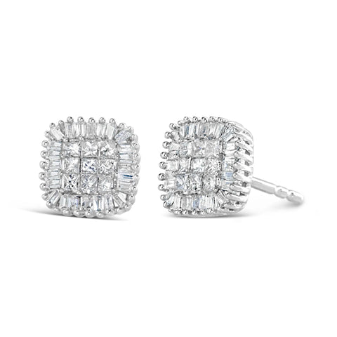 10K White Gold 1/2 Cttw Invisible-Set Princess Cut & Prong-Set Baguette Diamond Composite Stud Earrings (H-I Color, I1-I2 Clarity)