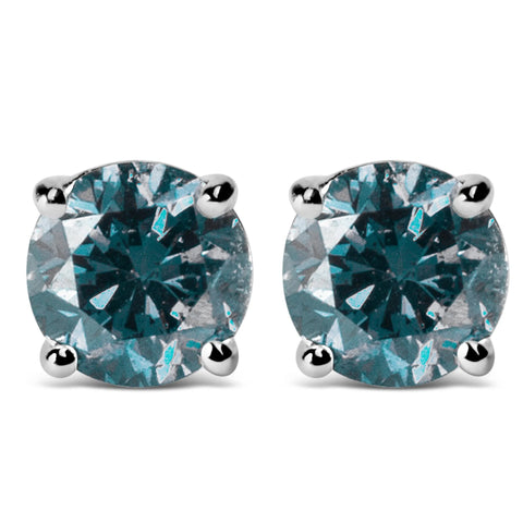 10K Gold Lab Created Round Brilliant Cut Diamond Classic 4-Prong Solitaire Stud Earrings - Pack Of: 1 | Stone color: Blue diamond | Metal color: White