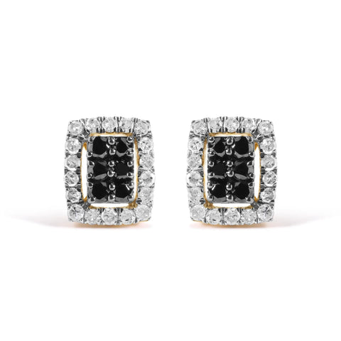 Men's 10K Yellow Gold 1.00 Cttw White and Black Diamond Emerald Shape Halo Stud Earring (Black / I-J Color, I2-I3 Clarity)