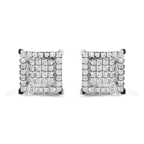 10K White Gold 1 1/4 Cttw Princess Diamond Composite Double Square and Halo Stud Earrings (I-J Color, I1-I2 Clarity)