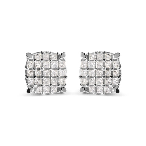 10K White Gold 3/4 Cttw Princess Diamond Composite Cushion Shape Stud Earrings (I-J Color, I1-I2 Clarity)