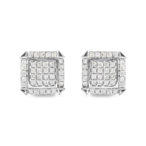 10K White Gold 1 1/10 Cttw Princess Diamond Composite and Halo Stud Earrings (I-J Color, I1-I2 Clarity)