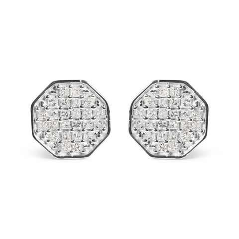 10K White Gold 7/8 Cttw Princess Diamond Composite Octagon Shaped Stud Earrings (I-J Color, I1-I2 Clarity)