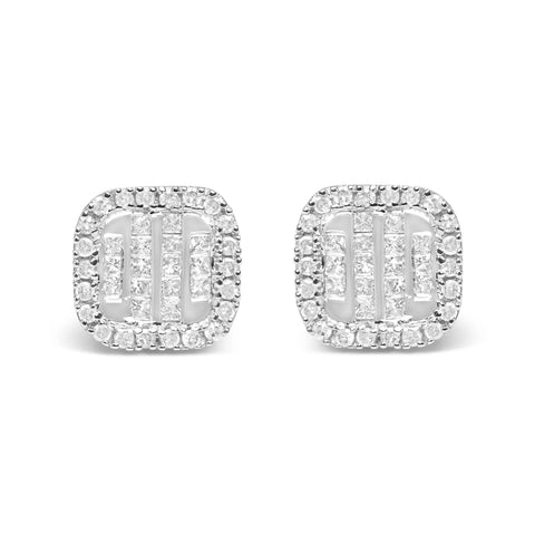 10K White Gold 7/8 Cttw Diamond Princess Composite and Halo Stud Earrings (I-J Color, I1-I2 Clarity)