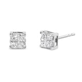 10 Karat White Gold 1.00 Carat Total Weight Invisible Set Princess-Cut Diamond Composite Square Shape Stud Earrings