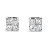 10 Karat White Gold 1.00 Carat Total Weight Invisible Set Princess-Cut Diamond Composite Square Shape Stud Earrings