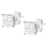 10 Karat White Gold 1.00 Carat Total Weight Invisible Set Princess-Cut Diamond Composite Square Shape Stud Earrings