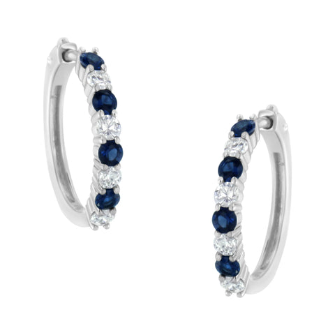 10 Karat White Gold 2.5MM Created Blue Sapphire and 1/2ct. Total Diamond Weight Diamond Hoop Earrings