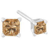 14K White Gold 1/5 Cttw Princess-Cut Square Champagne Diamond Stud Earrings (Natural Color, I2-I3 Clarity)