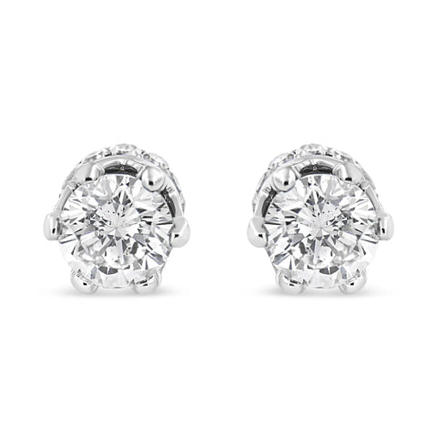 14K White Gold 1.0 Cttw Round Cut Prong-Set Diamond Crown Stud Earring (I-J Color, I1-I2 Clarity)