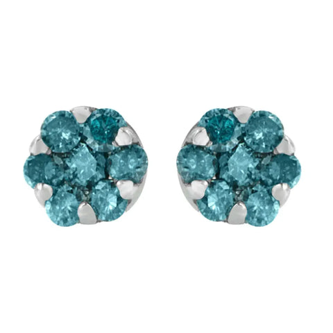 14K White Gold Round Cut Blue Diamond Earrings (1.00 cttw, Blue Color)